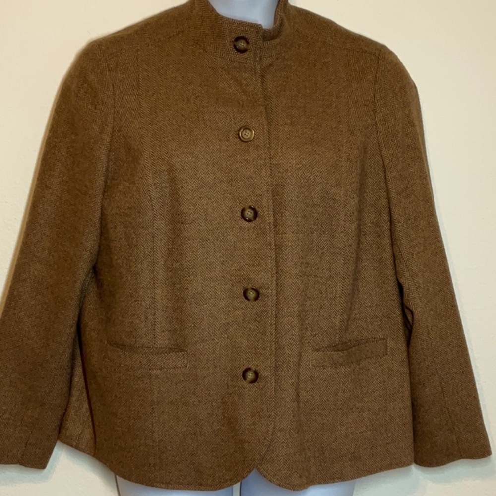 Lands End Herringbone Wool Blend Jacket Blazer Brown Tan 16W